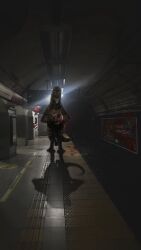 abigaildx1 ambiguous_gender billboard blood bodily_fluids claws clothed clothing corpse creepy creepy_smile dinosaur draw_over duo feathered_dinosaur feathered_scalie feathers feral gore headless hi_res hiding_behind_another holding_another holding_body horror_(theme) human inside looking_at_viewer male mammal megaraptor megaraptorid mimicry photography_(artwork) prehistoric_species reptile saurischian scalie shadow sign size_difference smile solo spanish_text subway_station text theropod tratayenia