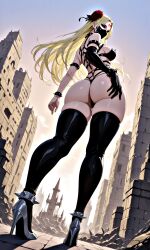 ai_generated ass ass_bigger_than_head ass_focus bare_shoulders black_footwear black_gloves black_thighhighs blonde_hair bondage_outfit boots bracelet breasts building city dominatrix earrings elbow_gloves female flower from_behind from_below full_body gloves grabbing_own_ass hair_flower hair_ornament high_heel_boots high_heels huge_ass jewelry large_breasts long_hair looking_at_viewer looking_back mask outdoors red_eyes revealing_clothes rose shiny shiny_clothes shiny_hair shiny_skin single_glove skindentation sky solo spiked_bracelet spiked_collar spikes standing thick_thighs thigh_boots thighhighs thighs thong