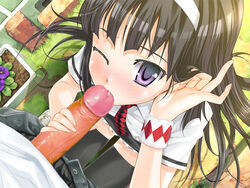 1boy black_hair blush brick byakudan_midori closed_eyes cum female game_cg happoubi_jin kanojo_x_kanojo_x_kanojo long_hair necktie penis shiki_haruomi uncensored