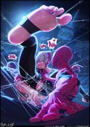2boys a_nighty_knight absurdres against_wall anal anus bodysuit breasts city clitoral_stimulation commentary cum cum_in_ass cum_in_pussy dark-skinned_male dark_skin double_anal english_commentary exhibitionism female group_sex gwen_stacy heart highres hood hooded_bodysuit interracial marvel mask miles_morales mmf_threesome multiple_anal multiple_boys night nighty_knight paid_reward_available penis peter_parker public_indecency pussy silk soles_fetish speech_bubble spider-gwen spider-man spider-man_(miles_morales) spider-man_(series) spider-verse spider_web spider_web_print spread_legs stirrup_legwear superhero_costume threesome toeless_legwear toes torn_bodysuit torn_clothes