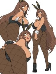 1girls amber_eyes ass ass_bigger_than_head ass_cleavage ass_grab big_breasts black_clothing black_nails blush blushing breasts breasts_bigger_than_head brown_hair bunny_ears bunny_girl bunny_tail bunnysuit cuffs_(clothing) dark-skinned_female dark_skin female female_only fishnet_pantyhose fishnets goddess_of_victory:_nikke heels leotard long_hair noir_(nikke) painted_nails pantyhose tagme toshinoshin00 white_background