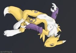 anthro armwear armwear_only bandai_namco black_sclera breasts bridal_gauntlets bridal_gauntlets_only canid canine claws clothing digimon digimon_(species) digital_media_(artwork) elbow_gloves female fox fox_tail fur genitals gloves handwear hi_res mammal markings mostly_nude mostly_nude_anthro mostly_nude_female neck_tuft nipples renamon sealer4258 simple_background small_breasts solo tail tuft vulva white_body white_fur yellow_body yellow_fur