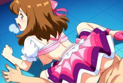 ai_generated blouse bows brown_hair green_eyes haruka_(pokemon) idol may_(pokemon) may_(pokemon_oras) neckline neon_lights nightclub penetration pokemon pokemon_oras sex sexy sexy_body sexy_cleavage sexy_pose sexy_smile skirt things vaginal_penetratio