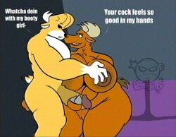 anal anal_fingering ass becky_(johnny_bravo) big_butt big_penis breast_squish breasts cartoon_network deer duo english_text female fingering genitals hand_on_breast hand_on_nipple hand_on_penis hi_res huge_butt johnny_bravo johnny_bravo_(series) love_handles male male/female mammal moose muscular muscular_male new_world_deer overweight overweight_female penis possbooty squish text vulva