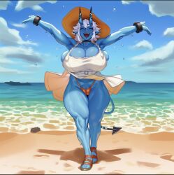 1girls 2d abs ai_generated arms_up beach big_breasts big_thighs blue_body blue_skin blue_sky borrowed_character breasts choker cleavage closed_eyes cloud colored_skin cuffs cuffs_(clothing) day demon demon_girl demon_horns demon_tail dress female_only gigantic_breasts hat horns huge_breasts large_breasts large_thighs massive_breasts muscular muscular_female ocean oni oni_female oni_horns onilapper open_mouth outdoors outstretched_arms panties pointy_ears sandals short_hair sky smile solo solo_female soukaku_(zenless_zone_zero) sundress sweat tail thick_thighs thighs underwear water white_dress white_hair zenless_zone_zero