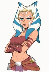 1girls ahsoka_tano ai_generated alien annoyed arms_crossed blue_eyes face_markings lapis_slopzuli midriff orange_skin star_wars star_wars:_the_clone_wars tagme togruta tubetop uravity98114