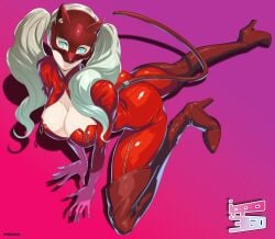 1girls 2025 ass blonde_hair blue_eyes bodysuit boots breasts cleavage_cutout clothing_cutout eye_mask fake_tail female full_body gloves gradient_background hanging_breasts high_heels ippo large_breasts latex lips long_hair looking_at_viewer mask on_one_knee persona persona_5 phantom_thief_suit pink_background purple_background smile stretching tail takamaki_anne twintails zipper