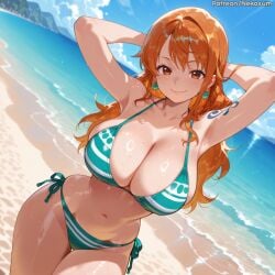 ai ai_art ai_generated artist_name beach big_breasts bikini breasts female female_only hands_behind_head large_breasts light-skinned_female long_hair looking_at_viewer nami_(one_piece) one_piece perfect_body perfect_boobs red_hair red_hair_female rexmagi smile striped_bikini swimsuit waiting_for_sex watermark