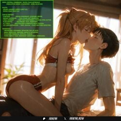 1boy ai_generated black_hair blush bra bra_lift breasts brown_hair buruma closed_eyes clothes_lift cowgirl_position english_text female french_kiss frenzyai ikari_shinji indoors interface_headset kissing long_hair medium_breasts neopn_genesis_evangelion nipples orange_hair pants shirt shirt_lift short_hair souryuu_asuka_langley straddling straight sweat tongue tongue_out underwear white_shirt window