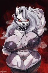angry anthro areola armpit_hair biceps big_areola big_breasts big_nipples bodily_fluids body_hair bottomwear bottomwear_down breasts canid canid_demon canine clitoral_hood clitoris clothed clothing collar demon digital_media_(artwork) ear_piercing ear_ring female fur g4rron genital_fluids genitals hair hairy_vulva hand_behind_head hellaverse hellhound helluva_boss hi_res huge_breasts leaking looking_at_viewer loona_(helluva_boss) mammal muscular muscular_anthro muscular_female mythological_canine mythological_creature mythology nipple_outline nipple_piercing nipples pants pants_down partially_clothed piercing pubes pussy_juice_leaking red_sclera ring_piercing simple_background solo spiked_collar spikes sweat sweatdrop sweaty_body sweaty_breasts teeth thick_thighs topwear torn_clothing torn_topwear vaginal_fluids vaginal_fluids_on_vulva vulva white_body white_fur wide_hips