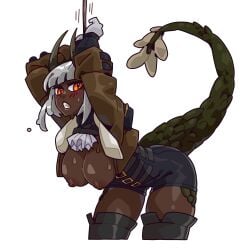 1girls absolute_territory arms_above_head arms_behind_back blush bomber_jacket breasts brigitte_marteau_(smoke_powder) cravat dark-skinned_female dark_skin dragon_girl dragon_horns dragon_tail feathered_tail female gloves horn horns jacket jacket_open large_breasts nekitoototo nipples no_bra no_shirt red_eyes restrained scales short_hair shorts smokepowder tail thigh_highs thighhighs tied_hands tits_out white_hair wrists_bound wrists_tied