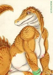 2021 alligator alligatorid anthro belly blush body_blush bracelet_only breasts countershade_torso countershading crocodilian female genitals gold_skin gravewalker head_spines innie_vulva nipples nude pink_eyes reptile scales scalie slightly_chubby snout solo traditional_media_(artwork) vulva vulva_blush white_belly