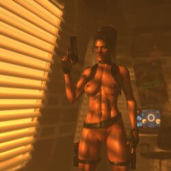 1girls 3d cyberpunk_2077 daz_studio female female_only fingerless_gloves gloves gun nude nude_female o97t5s panam_palmer solo