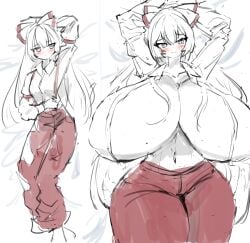 before_and_after blush breast_expansion closed_mouth dakimakura fujiwara_no_mokou gigantic_breasts hyper_breasts oodama_(yosugamike) sketch smile touhou