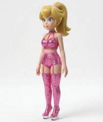 1girls 3d ai_generated blonde_female blonde_hair blue_eyes empty_background female_focus female_only light_skin mario_(series) ponytail princess_peach stripper stripper_clothes stripper_heels