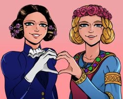 2girls blonde-haired_female blonde_female blonde_hair blue_eyes brown-haired_female brown_hair civilization civilization_(series) civilization_vi docksecky eleanor_of_aquitaine female_only flower_crown flower_in_hair girls_only hand_heart heart_symbol history queen queen_victoria queens royalty victorian victorian_dress