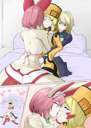 3girls alternate_skin_color aqua_eyes arc_system_works artist_request backboob bed blonde_hair blush breasts brown_eyes clenched_teeth closed_eyes clover comic dress elphelt_valentine four-leaf_clover french_kiss futa_with_female futanari gloves guilty_gear guilty_gear_xrd hair hat headgear heart indoors intersex kissing large_breasts long_hair looking_back millia_rage multiple_girls open_mouth penis pillow pink_hair platinum_blonde_hair ramlethal_valentine shiny shiny_clothes shiny_hair short_hair skirt uncensored wedding_dress white_dress