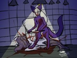 2026 anthro blood bodily_fluids death digital_media_(artwork) duo english_text equid equine fan_character felid feline feral hasbro hi_res horse knife lying male male/male mammal mask my_little_pony pink_body pony purple_body rockpankake snuff_(rockpankake) standing text