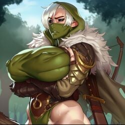 1girls 2d ai_generated armor big_breasts black_eyes black_sclera bow_(weapon) breasts cape covered_nipples crossed_arms day female_only female_pubic_hair forest fur_trim gloves hood hooded_cape huge_breasts kerillian large_breasts looking_at_viewer mask massive_breasts muscles muscular muscular_female nature nipple_bulge nipples nipples_visible_through_clothing onilapper outdoors pauldrons pubic_hair pubic_hair_peek puffy_nipples sheath sheathed short_hair shoulder_armor solo solo_female solo_focus sweat sword vermintide warhammer_(franchise) warhammer_fantasy weapon weapon_on_back white_hair