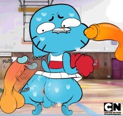 anthro anus ass balls big_butt bite biting_lip blue_body blue_fur bodily_fluids bottomwear brother cartoon_network cheerleader clothed clothing cockslap crossdressing darwin_watterson digital_media disembodied_penis domestic_cat english_text erection felid feline felis femboy fish fur genitals group group_sex gumball_watterson gym hi_res humanoid_genitalia humanoid_penis imminent_sex incest male male/male mammal marine nude penile penis pom_poms school sex sibling skirt slap small_penis smile sweat tail text the_amazing_world_of_gumball threesome tobias_wilson topwear trio vwhiskers young young_anthro