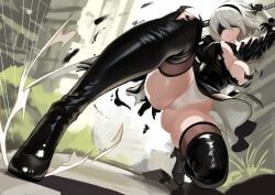 2b_(nier:automata) android big_ass big_breasts big_butt black_clothes black_clothing blindfold blindfolded dynamic_angle dynamic_pose female fight foot_focus footwear latex latex_clothing maid_uniform nier:_automata pussy ripped_clothing sword white_hair white_underwear yorha_2b zarkua_exe