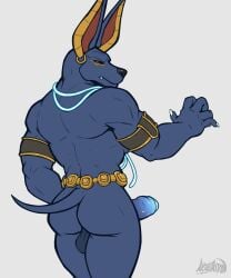 absurd_res anthro anubian_jackal artejaxton ass backsack balls biceps black_body black_fur canid canine canis digital_media_(artwork) dislyte drew_(dislyte) ear_piercing ear_ring erection fangs foreskin fur genitals hi_res humanoid_genitalia humanoid_penis jackal lilith_games looking_at_viewer looking_back male mammal muscular muscular_anthro muscular_male nude partially_retracted_foreskin penis piercing ring_piercing simple_background solo standing tail teeth