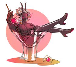 buff circuit_the_robot cocktail_glass heeled_boots mcmorthern ponytail red_eyes robot robot_male self_upload smiling solo_male thighhigh_boots tied_hair wire_hair