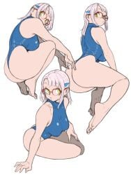 1girls ass big_ass big_breasts blue_one-piece_swimsuit breasts feet female female_only glasses goddess_of_victory:_nikke hair_ornament looking_at_viewer neon_(nikke) one-piece_swimsuit pale-skinned_female pale_skin red_glasses side_view squatting swimsuit tagme thick_thighs thighs toshinoshin00 white_background white_hair