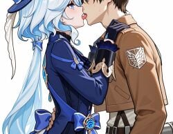 ai_assisted ai_generated attack_on_titan crossover dress eren_jaeger furina_(genshin_impact) genshin_impact hot_kiss kissing love making_out romantic romantic_couple shingeki_no_kyojin tongue tongue_kiss