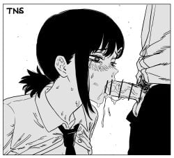 1boy 1girls bar_censor black_hair blowjob blush censored chainsaw_man crying female female_focus hi_res higashiyama_kobeni highres mole mole_under_eye monochrome nervous open_clothes oral oral_sex penis pubic_hair sweat sweatdrop sweating tns veiny_penis