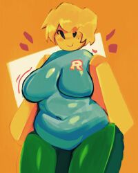 1girls 2024 belly_button big_breasts black_eyes blocky_body blue_body breasts clothed clothing featureless_breasts female female_only green_legs krnqle looking_at_viewer noob orange_body roblox roblox_logo robloxian short_hair simple_background sleeveless smile solo standing stomach thick_thighs thighs yellow_hair yellow_skin