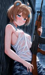 1girls ai_generated animal_ears areolae bear_ears blue_eyes blue_hair blush breasts brown_hair female female_only gun hispanic_virtual_youtuber indie_virtual_youtuber nei_vtuber nipples petite pink_nipples rain short_hair small_breasts thighs two-tone_hair virtual_youtuber vtuber white_shirt