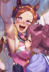 2girls absurdres ai_generated animal_ears arm_behind_head armpit_fetish armpits arms_up bakushin_o_armpit_gif_(meme) brown_hair ear_ribbon female frown hair_ribbon hairband highres horse_ears horse_girl horse_tail licking_armpit long_bangs long_hair naticai ponytail purple_eyes purple_ribbon ribbon sailor_collar sakura_bakushin_o_(umamusume) sakura_chiyono_o_(umamusume) shirt sleeveless sleeveless_shirt solo standing steam steaming_body stretching sweat sweaty tail umamusume umamusume_pretty_derby yuri