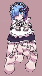 1girls barefeet barefoot blue_eyes blue_hair blush clothed clothing feet female female_only foot_fetish hair_over_one_eye hair_ribbon maid maid_apron maid_outfit maid_uniform one_eye_covered one_eye_obstructed pale-skinned_female pale_skin re:zero_kara_hajimeru_isekai_seikatsu reathroch rem_(re:zero) ribbon smile soles sweat sweaty sweaty_feet toenails toes watermark