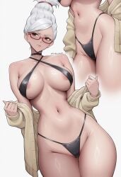 1girls 2024 ai_generated areola areola_slip ayase_seiko belly bikini black_bikini blush brown_eyes cameltoe civitai dandadan female generalgost gilf glasses looking_away mature mature_female milf multiple_images navel simple_background solo standing thighs white_background white_hair wide_hips