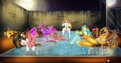 1boy 4futas anthro big_breasts breasts detailed_background furry futanari halloween huge_breasts large_breasts little_cat massive_breasts oc original_character pool pumpkin spiderweb spiderwebs