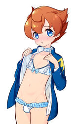 1boy blue_eyes blush brown_hair bulge crossdressing femboy inazuma_eleven inazuma_eleven_go male_only pout tenma_matsukaze trap