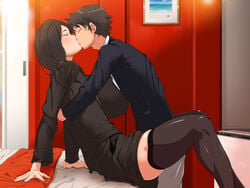 1boy age_difference arm_support black_hair blouse breasts business_suit business_woman closed_eyes clothed_sex copyright_request dress_shirt female incest indoors kissing large_breasts long_hair milf office_lady pencil_skirt sex short_hair sitting skirt spread_legs suit thighhighs tsuboya white_blouse white_shirt zettai_ryouiki