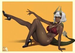 big_breasts bob_cut brigitte_marteau_(smoke_powder) bugita dark-skinned_female dark_skin dragon_girl fat_tits feathered_tail heels horn horns lace lace-trimmed_bra large_breasts legs lingerie lingerie_bra lingerie_only lingerie_panties painted_nails pinup pinup_(style) pinup_pose pout pouting pouty_lips red_eyes scales short_hair smokepowder tail white_hair