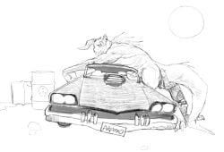 anal anthro bent_over car deathclaw duo fallout fireclown genitals goris_(fallout) hi_res holding_tail_up human kneeling larger_male male mammal microsoft monochrome oral penis rimming rimming_male scalie sex size_difference vehicle