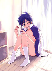 1boy after_sex blue_eyes blue_hair condom jacket male male_only open_mouth sitting socks solo tobaku_haouden_zero ukai_zero wink