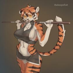 1:1 5_fingers absurd_res after_exercise anthro arknights arm_tuft belly big_breasts bodily_fluids bottomwear breasts breath camel_toe chest_tuft claws cleavage_cutout clothing collarbone crotch_tuft cutout exhausted eyewear felid feline female fingers fur genital_outline glasses hair hi_res holding_object holding_weapon hotpants hypergryph long_tail looking_at_viewer mammal multicolored_body multicolored_hair muscular muscular_anthro nipple_outline nipples nipples_visible_through_clothing open_mouth orange_body orange_eyes orange_fur palms pantherine pink_nipples raised_tail shorts shoulder_tuft simple_background snout solo sportswear staff standing stick striped_body striped_fur stripes studio_montagne sweat sweatdrop sweaty_body sweaty_breasts sweaty_face tail teeth thekeepofcat thick_thighs tongue tuft vulva_outline waai_fu_(arknights) waaifu_(arknights) weapon wearing_glasses wet wet_clothing white_body white_fur wide_hips