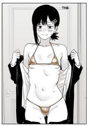 1girls bikini black_hair blush breasts chainsaw_man female female_only golden_bikini hi_res higashiyama_kobeni highres mole mole_under_eye monochrome nervous nipples presenting smile smiling smiling_at_viewer standing sweat sweatdrop sweating tns undressing