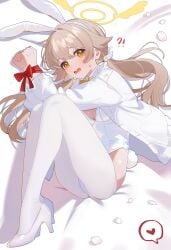 1girls :o ?! ass bed blonde_hair blue_archive blush breasts bunny_ears bunny_tail bunnysuit embarrassed female female_focus female_only flustered high_heels long_hair looking_at_viewer lying lying_on_bed lying_on_side open_mouth pantyhose ribbon ribbon_bondage shusuchii small_breasts solo sweat thighs tied_hair tied_hands tight_clothing twintails yellow_eyes