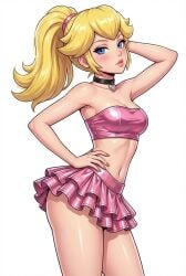 1girls 2d ai_generated bimbo bimbofication blonde_female blonde_hair blue_eyes choker empty_background female_focus female_only heart_symbol light_skin looking_at_viewer mario_(series) miniskirt ponytail princess_peach sexy_pose tight_clothing tubetop