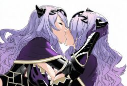 2girls ai_generated camilla_(fire_emblem) fire_emblem fire_emblem_fates hair_over_one_eye huge_breasts kissing purple_hair selfcest yuri