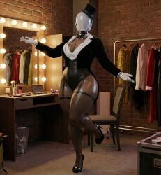 big big_breasts big_hips black_suit focus haydee haydee_(game) heels magical_girl massive_ass massive_breasts massive_hips suit zatanna zatanna_zatara_(cosplay)