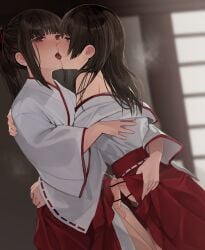 2boys bar_censor brown_eyes brown_hair censored clothes_lift commentary_request french_kiss heavy_breathing high_ponytail highres hug indoors japanese_clothes kissing long_hair looking_at_another miko multiple_boys off_shoulder original penis penises_touching ponytail precum red_skirt saliva sidelocks skirt skirt_lift sunaba_(nczd5875) testicles trap yaoi