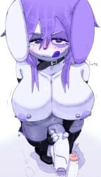 anthro armwear big_breasts big_penis breasts clothing collar genitals gynomorph high-angle_view intersex intersex/male lagomorph larger_gynomorph larger_intersex legwear leporid looking_at_viewer maki_(ongongio) male mammal nipple_piercing nipples ongongio penis penis_grab piercing rabbit size_difference standing thick_thighs tongue vein veiny_penis wide_hips