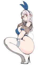 1girls ass ass_bigger_than_head big_ass big_breasts breasts bunny_ears bunny_girl bunny_tail female female_only glasses goddess_of_victory:_nikke heels looking_at_viewer neon_(nikke) pale-skinned_female pale_skin red_glasses side_view squatting tagme thick_thighs thighs toshinoshin00 white_background white_hair